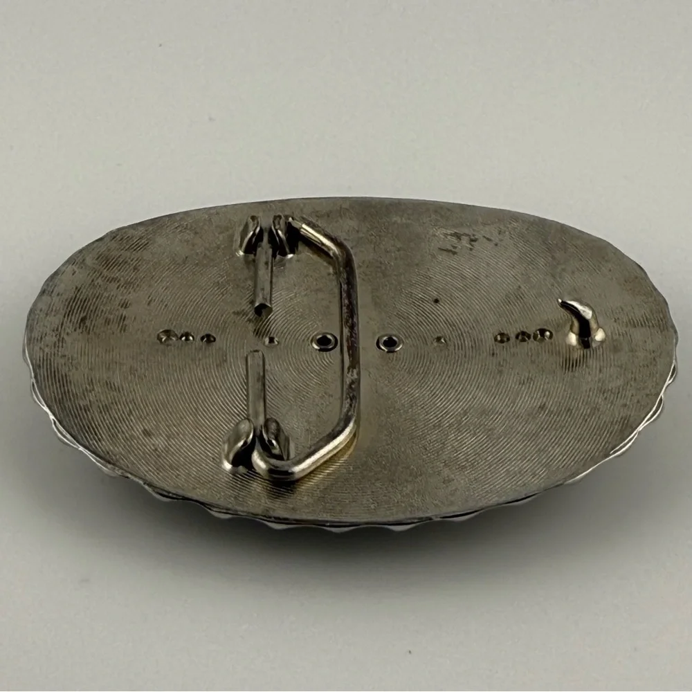 Western Oval Snowflake Obsidian Belt Buckle Silver Tone Floral Scalloped